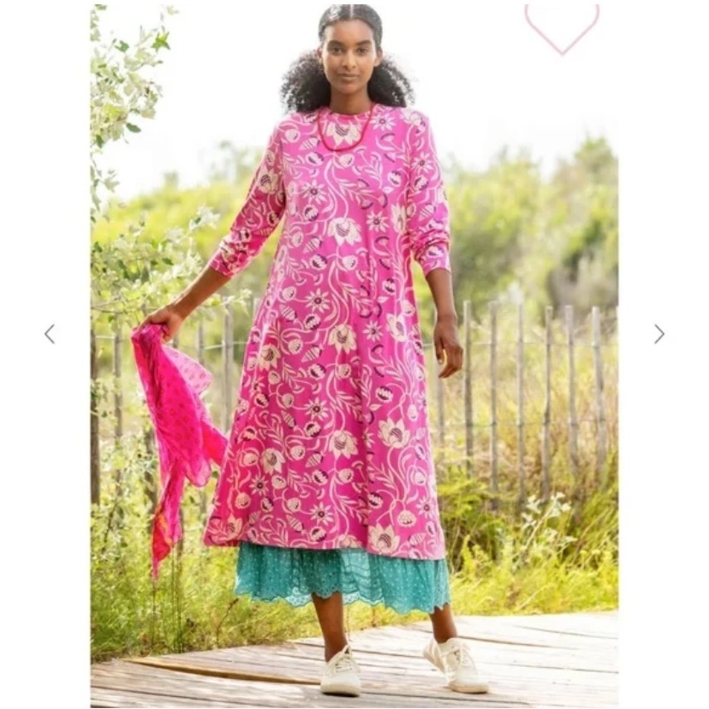 Gudrun Sjoden Pink Floral Long-Sleeve Dress with Teal Skirt Layer